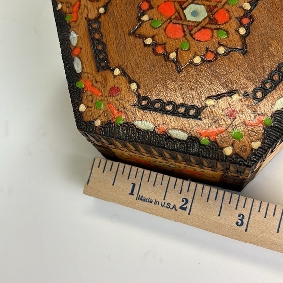 Antique Vintage Wooden Hexagon Hand Painted Box Holder Case Chest 1973 - Picture 12 of 13